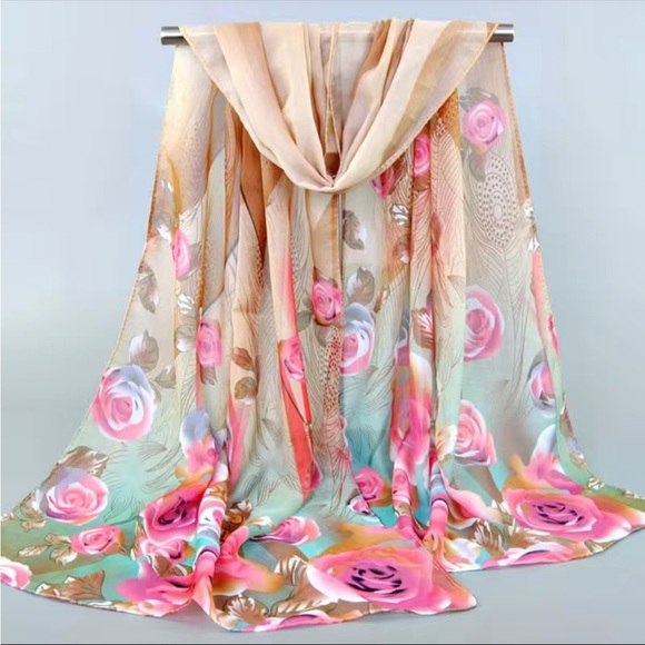 n/a Accessories - Chiffon Imitation Silk Khaki Floral Scarf Wrap